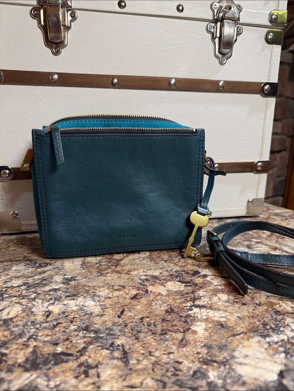Fossil Teal Leather/suede Crossbody Wallet with Key Charm